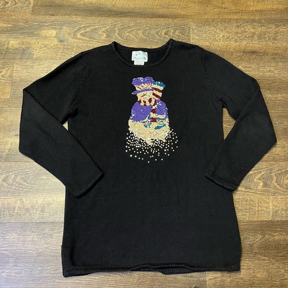 Quacker Factory Black Snowman Sequined Long Sleeve Sweater Womens Size Medium - Picture 1 of 11